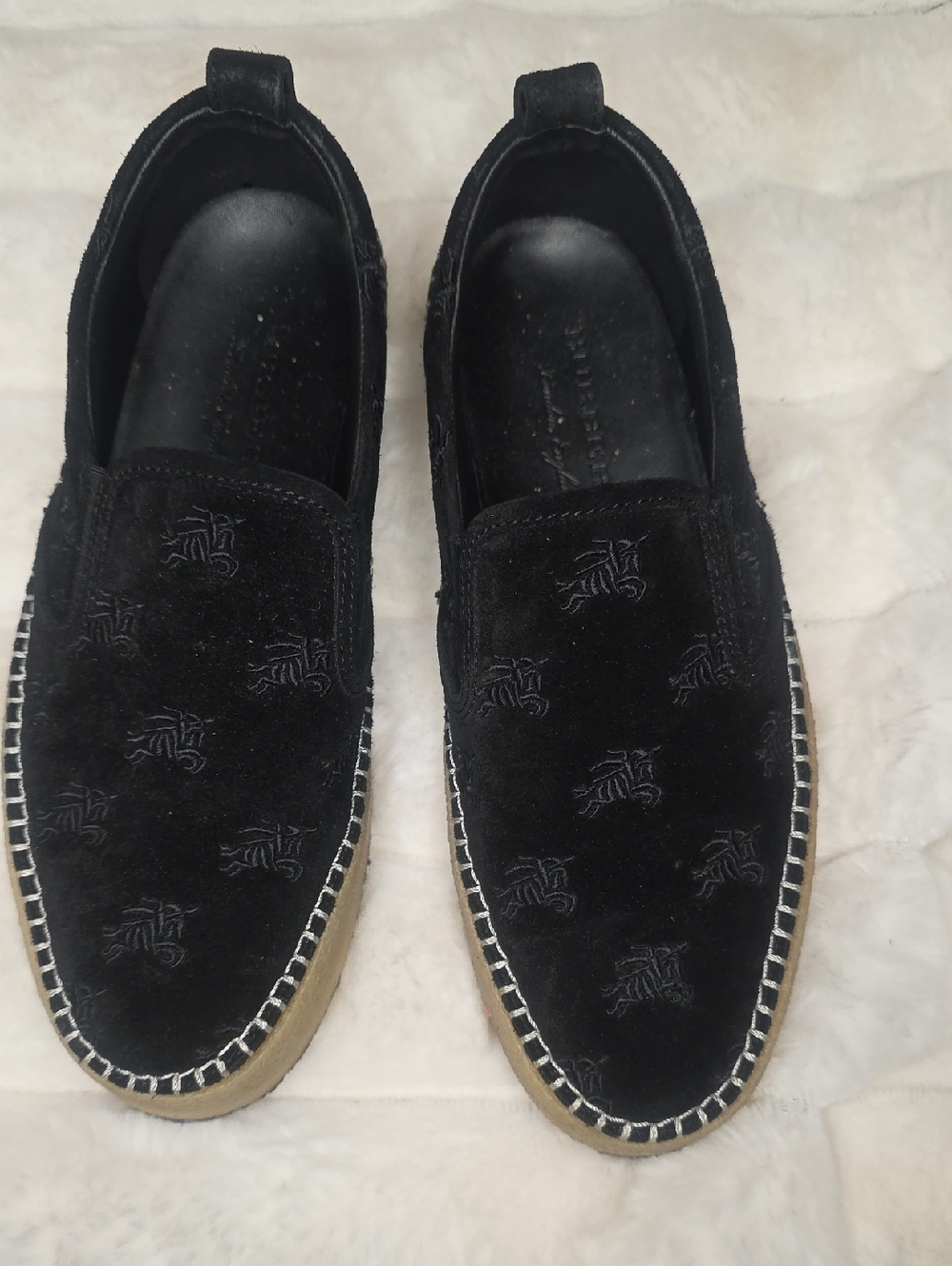Burberry Sudbury Black Suede Platform Slip-On Loafers with Embroidered Motif